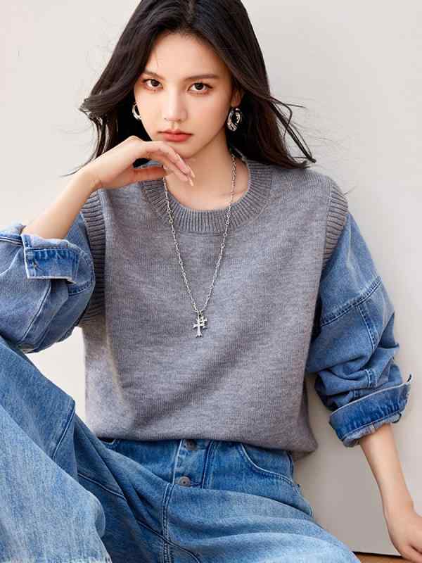 ニット レディース デニム切り替えトップス ラウンドネック 長袖 灰色 普段使い 通勤 ゆったり