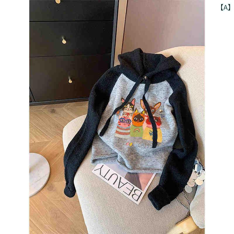 ニット レディース 猫柄 切り替え フード付き プルオーバー 秋冬 厚手 ゆったり ポリエステル アニメ かわいい ブラック