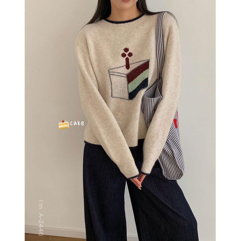 ニット レディース 韓国風 提花 かわいい ケーキニット セーター ゆったり ラウンドネック 長袖 秋冬 ..