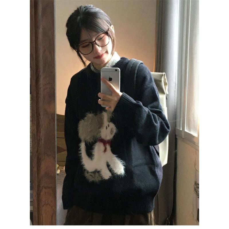 乐天商城 - ニット レディース かわいい 犬柄 ジャガード プルオーバー ふわふわ モヘアタッチ 長袖 トップス 秋冬 ガーリー ブラック S M L XL