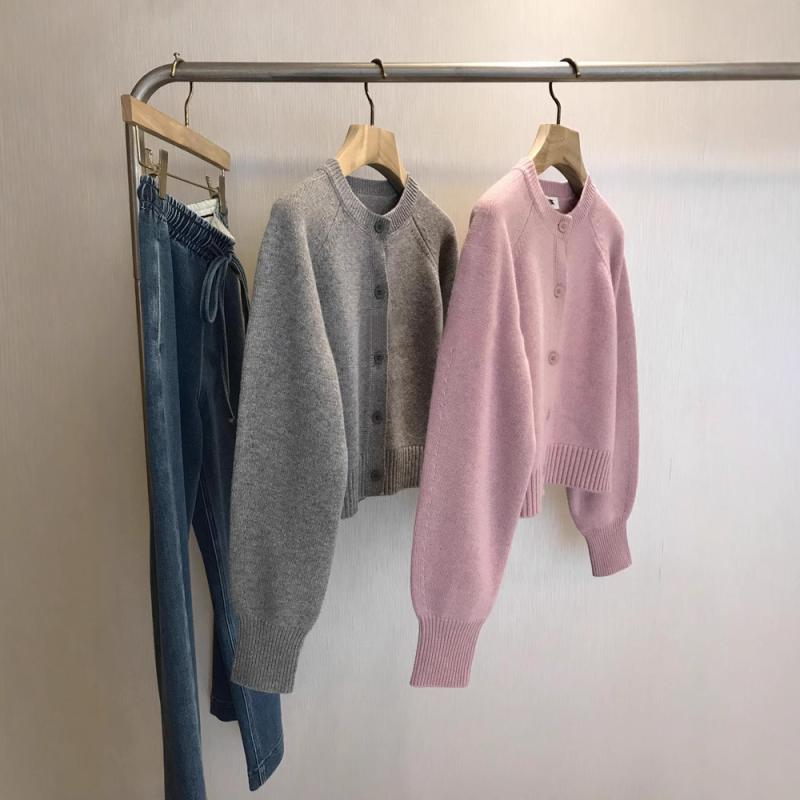 カーディガン レディース ニット ウールブレンド 丸首 長袖 ピンク系 グレー フリーサイズ 通勤 普段使い かわいい きれいめ