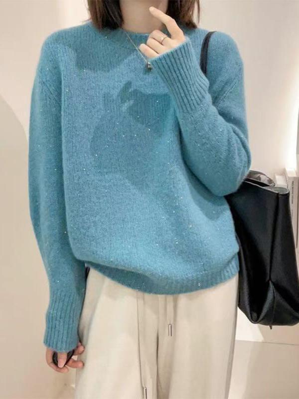 ニット レディース 丸首 長袖 秋冬 厚手 接触温感 あったか インナー トップス チュニック 伸縮性 ゆったり 大きめ 無地 パステルカラー ピンク系 ブルー ブラック オフホワイト グレー イエロー