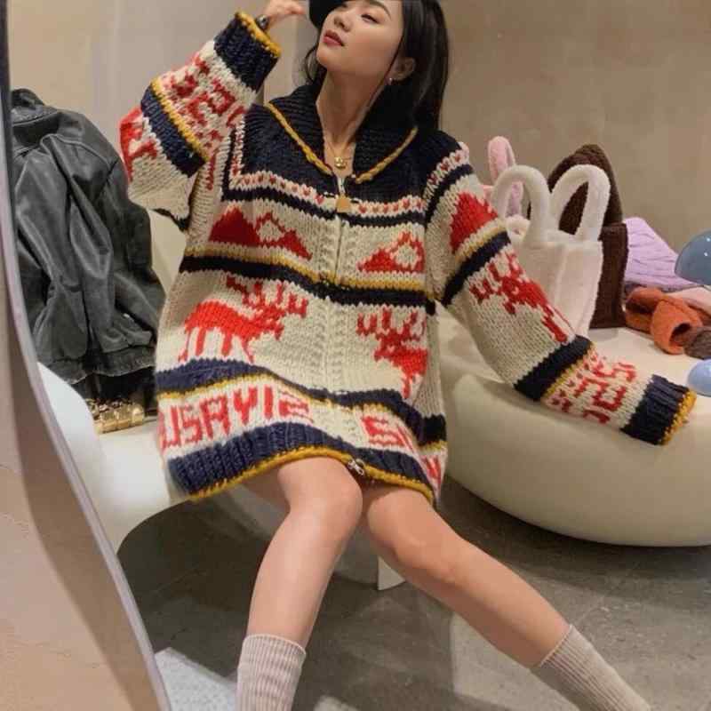 Long-Sleeved Knit - ニット レディース クリスマス風 ミルクトナカイ柄 カーディガン ゆったり 襟付き トップス 韓国風 かわいい 暖かい 秋冬
