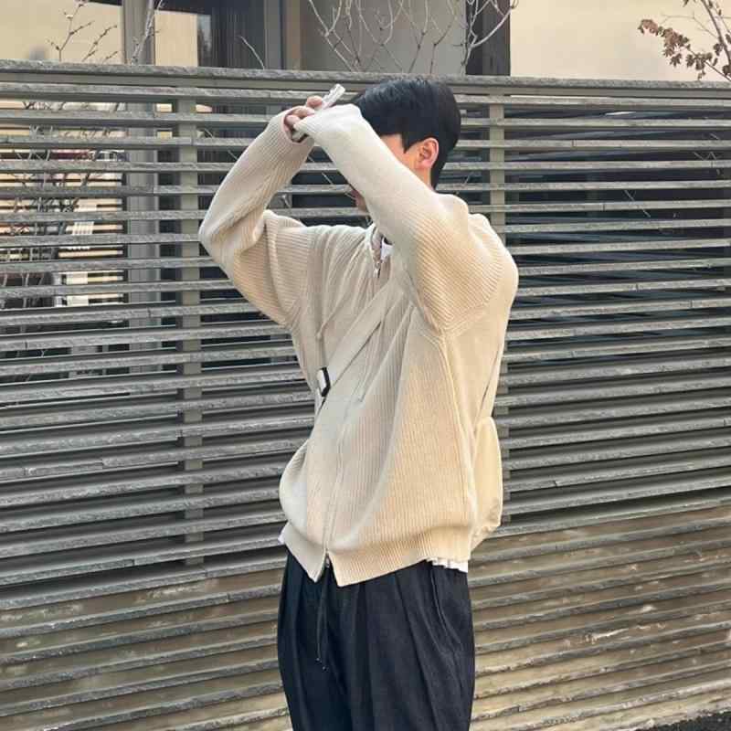 ニット メンズ カーディガン パーカー 長袖 無地 ダブルジップ 普段使い 韓国風 リラックス カジュアル スタイル トップス 秋冬