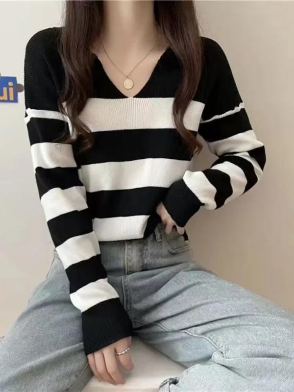 ニット レディース 秋冬 韓国風 ストライプ セーター 暖か ゆったり 長袖 トップス 私服 名媛風 プルオーバー ポロネック ニットウェア