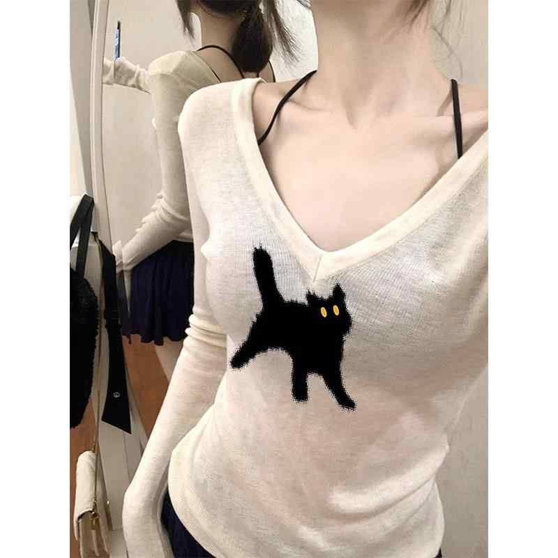 ニット レディース 猫 Vネック インナー トップス 長袖 カットソー 杏色 プルオーバー きれいめ かわいい 普段使い 通勤 オフィス カジュアル 秋冬