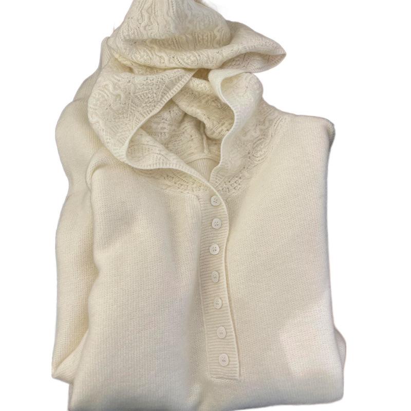 ニット レディース 秋冬 フード付き セーター トップス レース 透かし編み 白 プルオーバー 長袖 ミドル丈 接触冷感 伸縮性 韓国風 かわいい きれいめ デート 普段使い