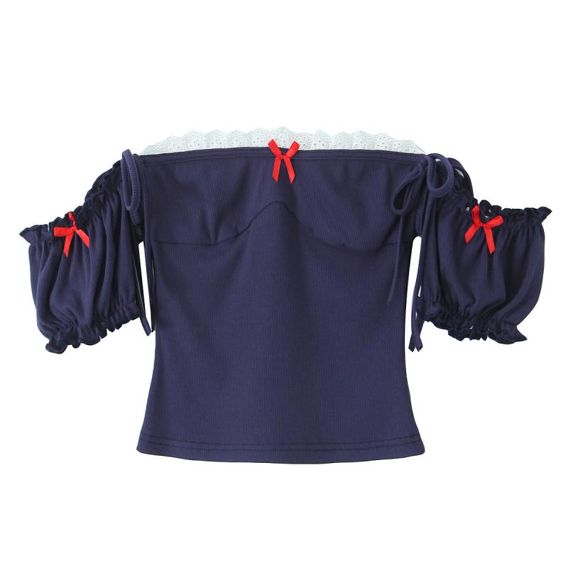 Three-Quarter Knit - Tシャツ レディース 冬 法式 愛心 刺繍 レース 花柄 蝶結び かわいい ポリエステル 普段使い 清楚系 藏青色