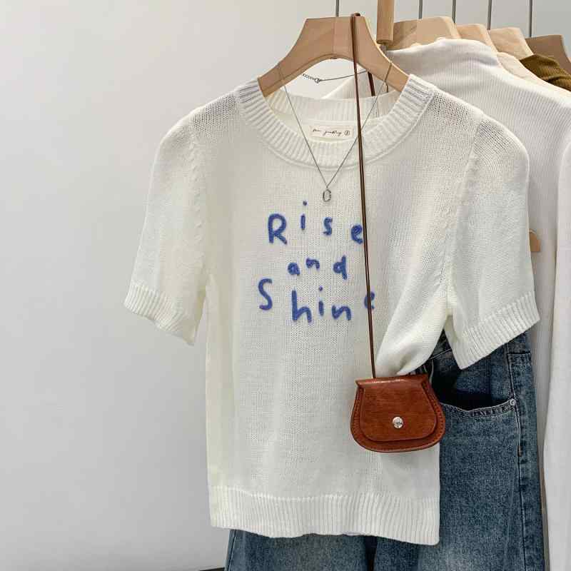 乐天商城 - ニット レディース かわいい 半袖 刺繍 プリント ラウンドネック トップス ブルー ホワイト サマー カジュアル