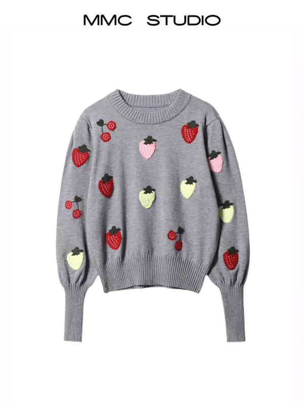 "ニット レディース かわいい ストロベリー 花柄 プルオーバー 長袖 セーター トップス 綿 グレー ランタンスリーブ 私服 デート