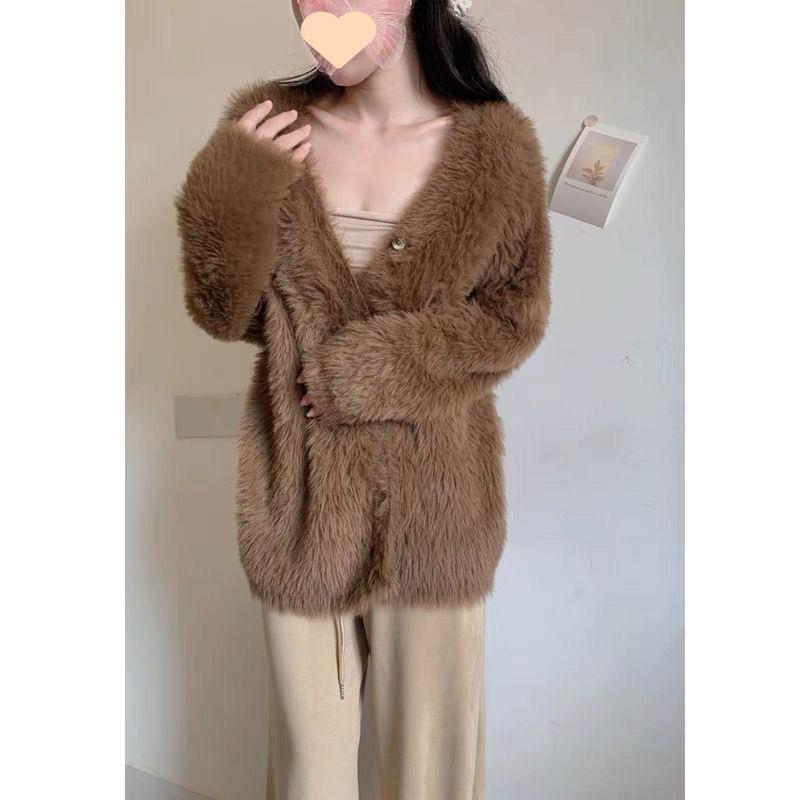 Long-Sleeved Knit - カーディガン レディース Vネック ニットカーディガン 仿貂毛 アウター トップス 長袖 無地 秋冬 フェミニン ガーリー 通勤 きれいめ かわいい 色 ホワイト 灰緑 ブラック