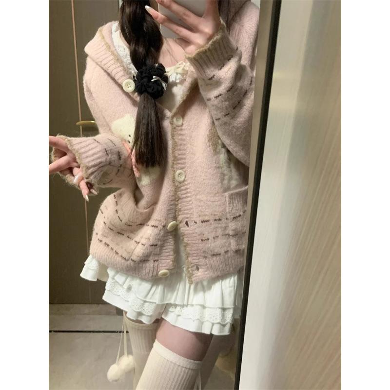 Rakuten - ニット カーディガン レディース 秋冬 フード付き かわいい 学生 小柄 ケーブル編み ゆるかわ ピンク系 ポケット付き
