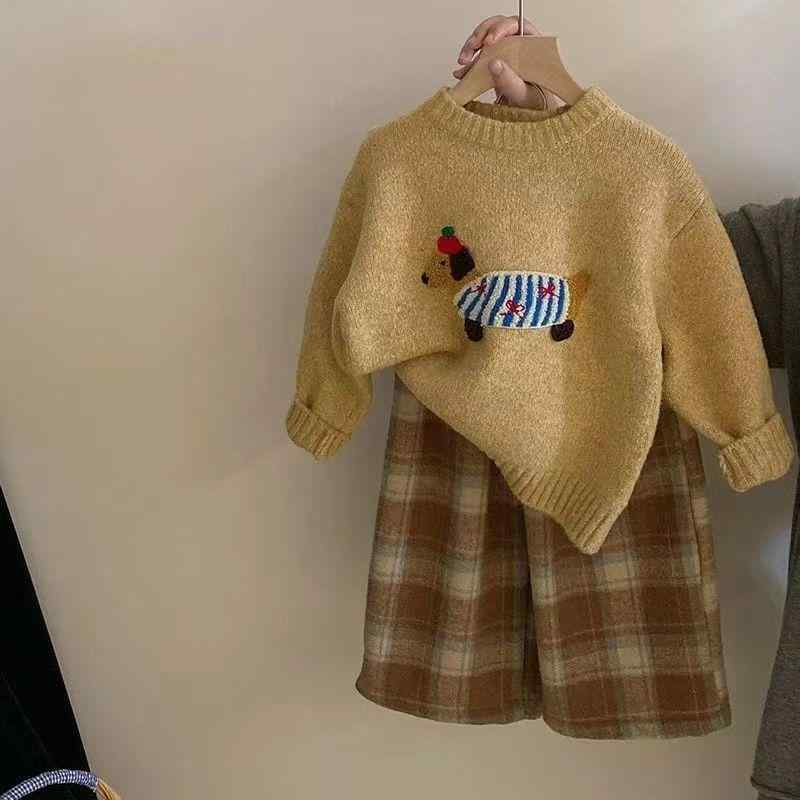 キッズ 女の子 ニット セーター & チェック柄 パンツ 上下セット 秋冬 厚手 普段着 部屋着