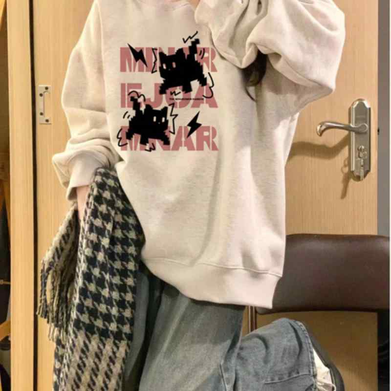 トレーナー レディース 花灰色 猫柄 長袖 トップス 秋冬 厚手 コットン ゆったり かわいい プルオーバー ラウンドネック 私服名媛風