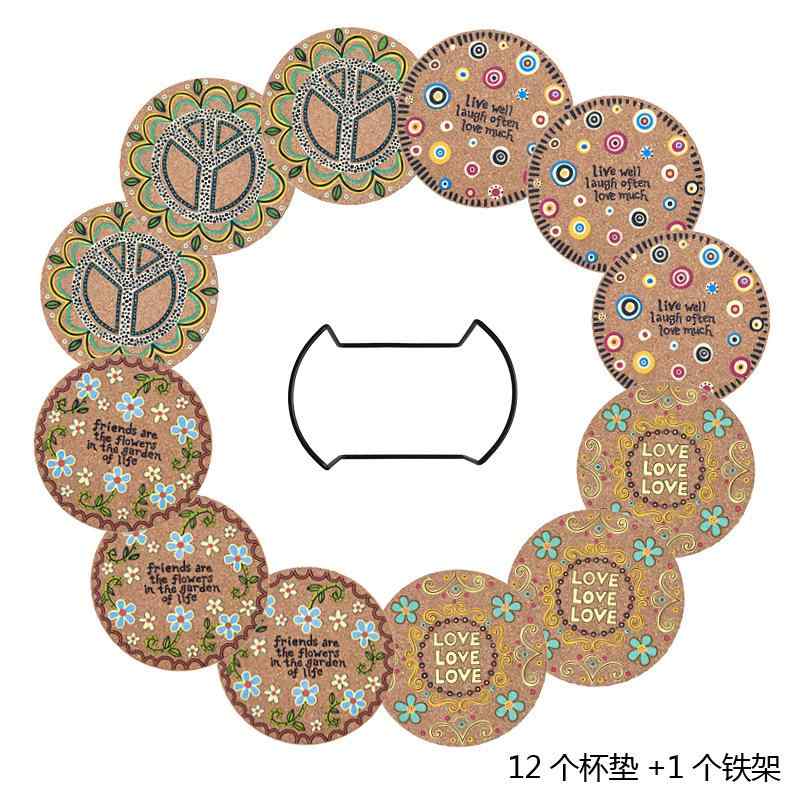 コースター 木製コースター 北欧風 レトロ 丸形 コルク 滑り止め 断熱 茶托 グラスマット 花柄