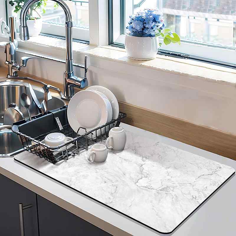 キッチン用品 珪藻土吸水マット カウンターマット テーブルマット グラス置き 水切りマット 洗面台マット 断熱マット 大理石柄 ポリエステル