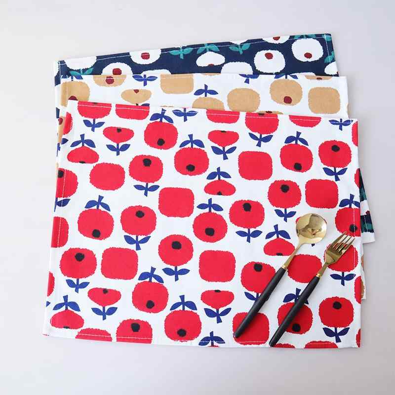 キッチンタオル コットン ランチョンマット 正方形 北欧風 綿100% 赤リンゴ柄 茶リンゴ柄 青リンゴ柄 黄花柄 ランチクロス ディッシュクロス