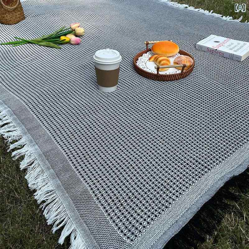 テーブルクロス ピクニックマット アウトドア 携帯 北欧風 コットン リネン 混紡 格子柄 黒 白 赤 青 ..