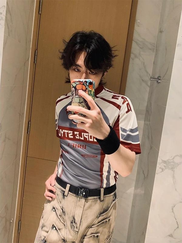 Tシャツ メンズ アウトドア サイクリング ウェア 配色 ポリエステル 弾力性 通気性 スポーツ スタイル スリムフィット 半袖