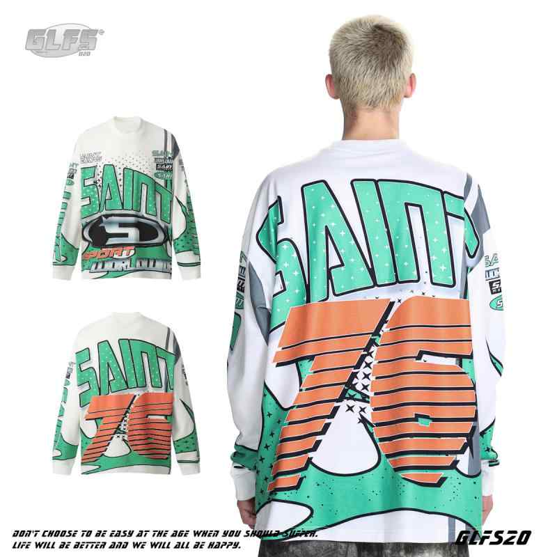 Tシャツ メンズ 長袖 美式 レトロ サイクル ウェア ゆったり アルファベット レーシング ストリート ダ..