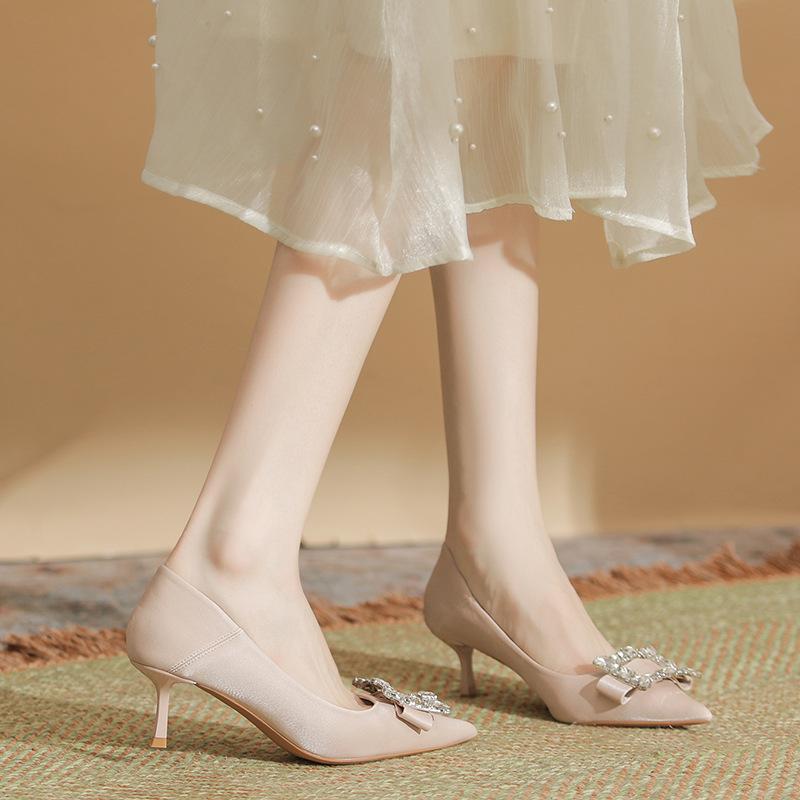 パンプス レディース 春夏 ポインテッドトゥ ハイヒール 5cm 羊革 水晶 スクエアバックル 無地 スリッポン ピンヒール 超繊維 ピンク系 カーキ 通勤 仕...