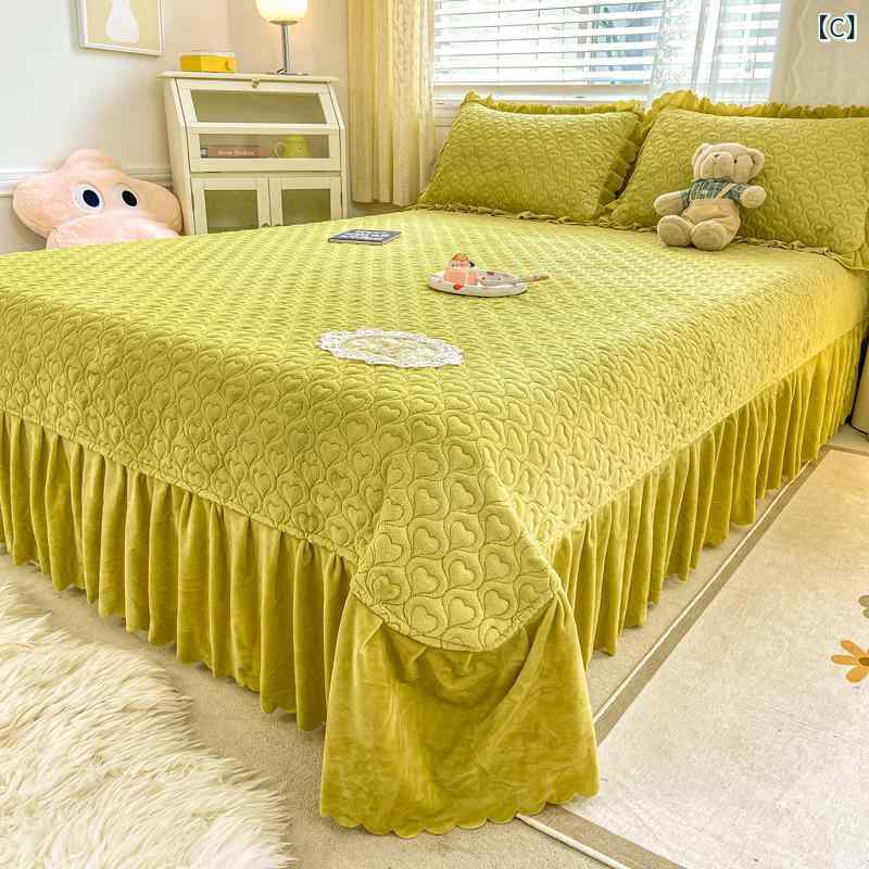 ベッドカバー 3点セット シングル ベッドスカート フリル付き キルティング 無地 寝具 ベッドシーツ あったか マイクロファイバー フランネル 枕カバー ピローケース おしゃれ かわいい 北欧風 シンプル 3