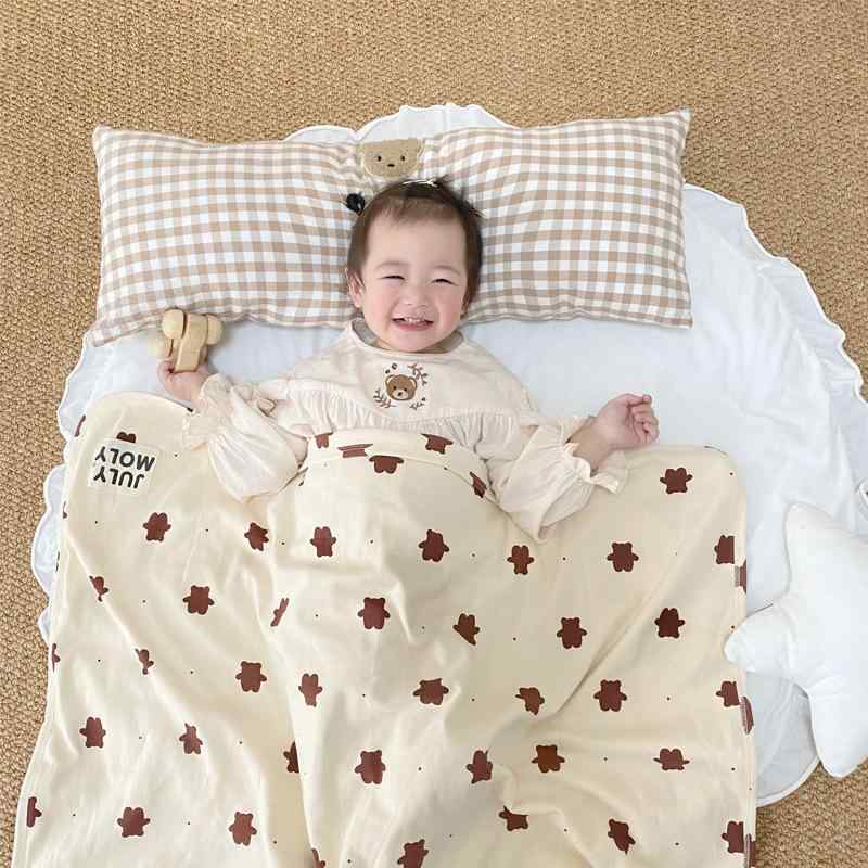 ベビー おくるみ ブランケット 純綿 毛布 ひざ掛け ポンチョ ケープ 冷房対策 韓国風 ドット柄 クマ柄 ミルクビスケット柄