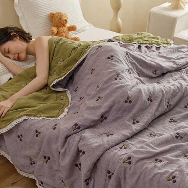 掛け布団 春秋 ベビー 赤ちゃん 綿100% ガーゼケット 5層 綿毛布 洗える 軽量 150x200cm チェリー くま ネコ 花柄 かわいい