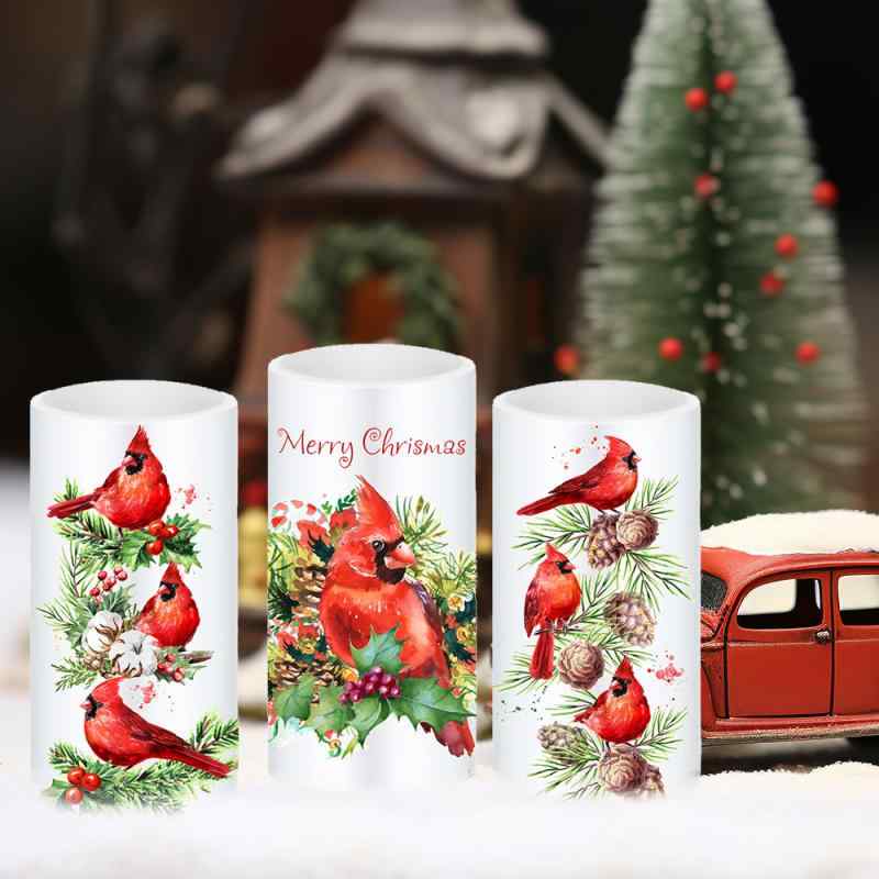 クリスマス LEDキャンドル ライト 雪の結晶 レッドバード柄 円柱形 3個セット パーティー イベント デコレーション イルミネーション プラスチック製