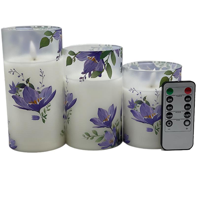 LED アクリル 電子キャンドル 3個セット リモコン 電池式 無炎 柱状 花柄 パープル ピンク かわいい お..