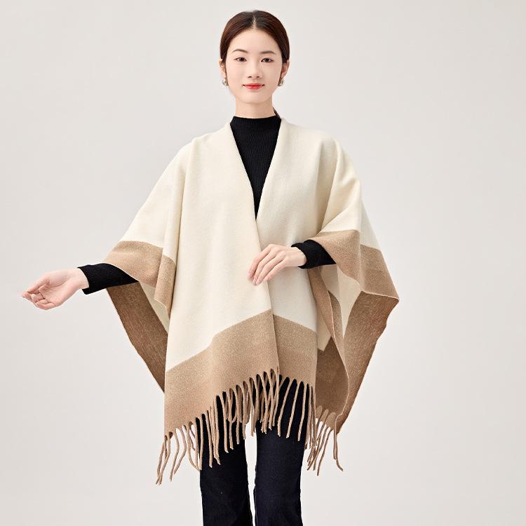 ショール レディース 秋冬 ストライプ 切り替え フリンジ 暖かい ケープ ポンチョ 日韓スタイル 110cm×150cm ニット ベージュ ホワイト グレー カーキ