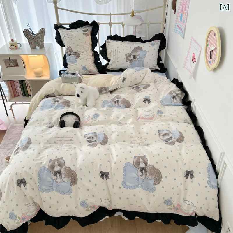 寝具 四点セット レディース ベッドシーツ 掛け布団カバー 枕カバー コットン かわいい 猫柄 いちご柄 ブルー ピンク ブラック 春夏