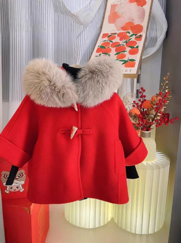 子供服 アウター 女の子 秋冬 フード付きコート 両面ウール ジャケット ケープ 韓国風 かわいい ガーリー お洒落着 普段使い 中国赤 裏起毛 90cm 100cm 110cm 120cm 130cm 140cm 150cm