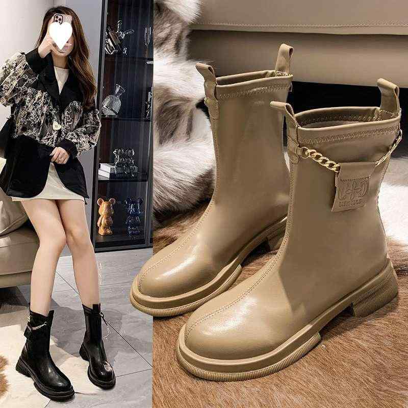 ブーツ レディース 秋冬 フラット ショートブーツ 女性用 ラウンドトゥ プルオン メタルパーツ 耐摩耗..