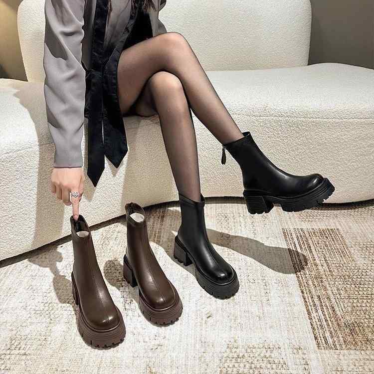 ブーツ レディース 厚底 ショートブーツ イングランド風 ラウンドトゥ チャンキーヒール 6cm-8cm ファ..