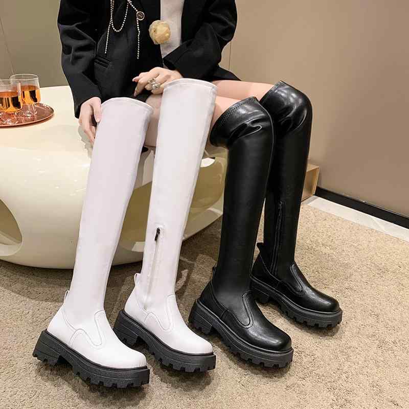 ブーツ レディース ニーハイブーツ 厚底 ストレッチ ラウンドトゥ ミドルヒール 太ヒール ジョッキーブ..