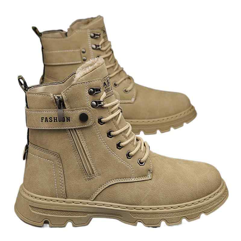 ブーツ 男性用 ワークブーツ サイドジップ ハイカット 裏起毛 保温 雪道 綿靴 カーキ ブラック