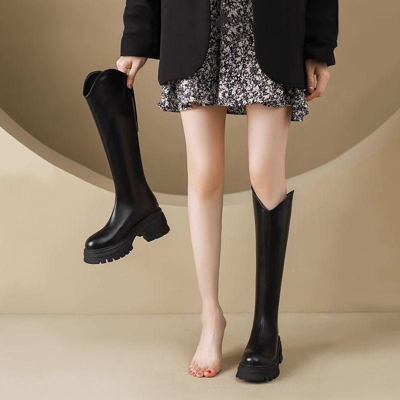 ブーツ レディース 厚底 ロングブーツ 秋冬 チャンキーヒール 筒丈高め 防水 ラウンドトゥ カジュアル ..