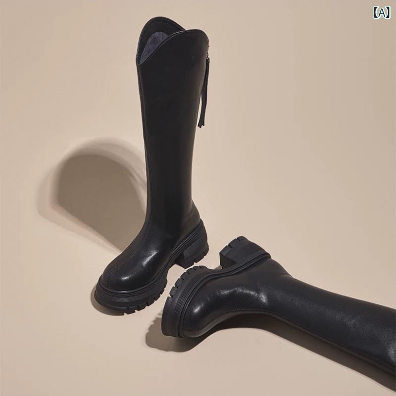 ブーツ レディース 厚底 ロングブーツ 秋冬 チャンキーヒール 筒丈高め 防水 ラウ...