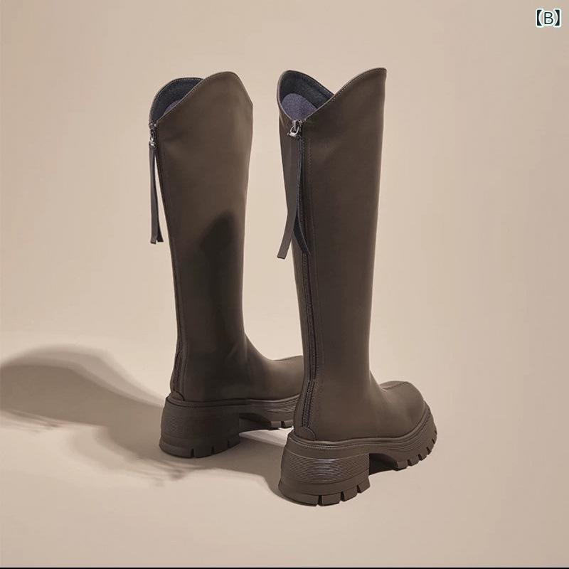 ブーツ レディース 厚底 ロングブーツ 秋冬 チャンキーヒール 筒丈高め 防水 ラウ...