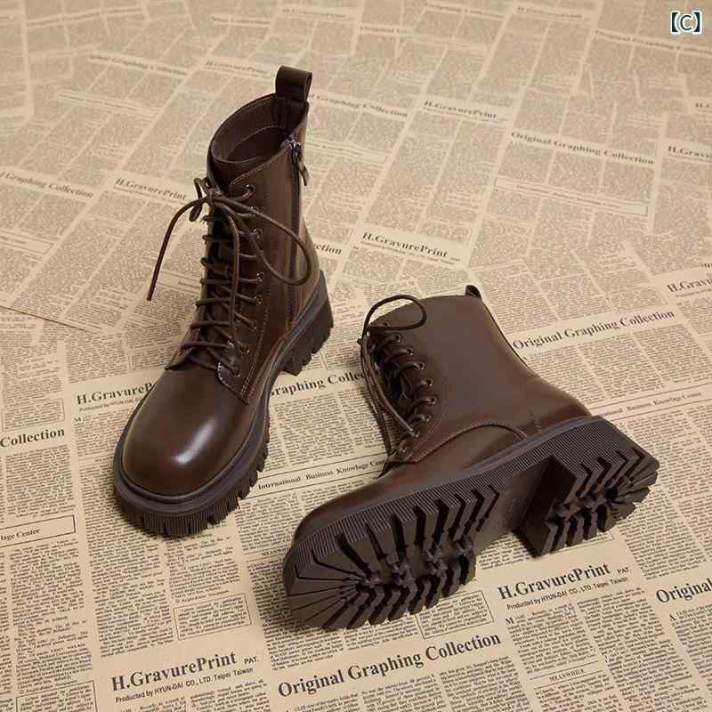 ブーツ レディース 厚底 レースアップ ショートブーツ 男性用 防水 滑り止め カジュアル 韓国風 ブラック ブラウン 秋冬