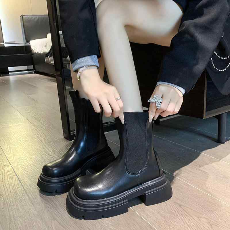 ブーツ レディース 厚底 ショートブーツ エンジニアブーツ ワークブーツ ミドル丈 黒 PUレザー ラウン..