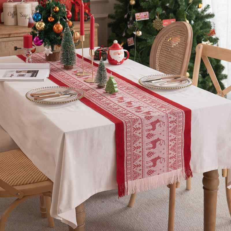 Other - テーブルランナー クリスマス ウェディング ポリエステル製 ジャガード織り タッセル付き ドレッサー テーブルクロス 暗赤色 ストライプ柄 リビング ダイニング
