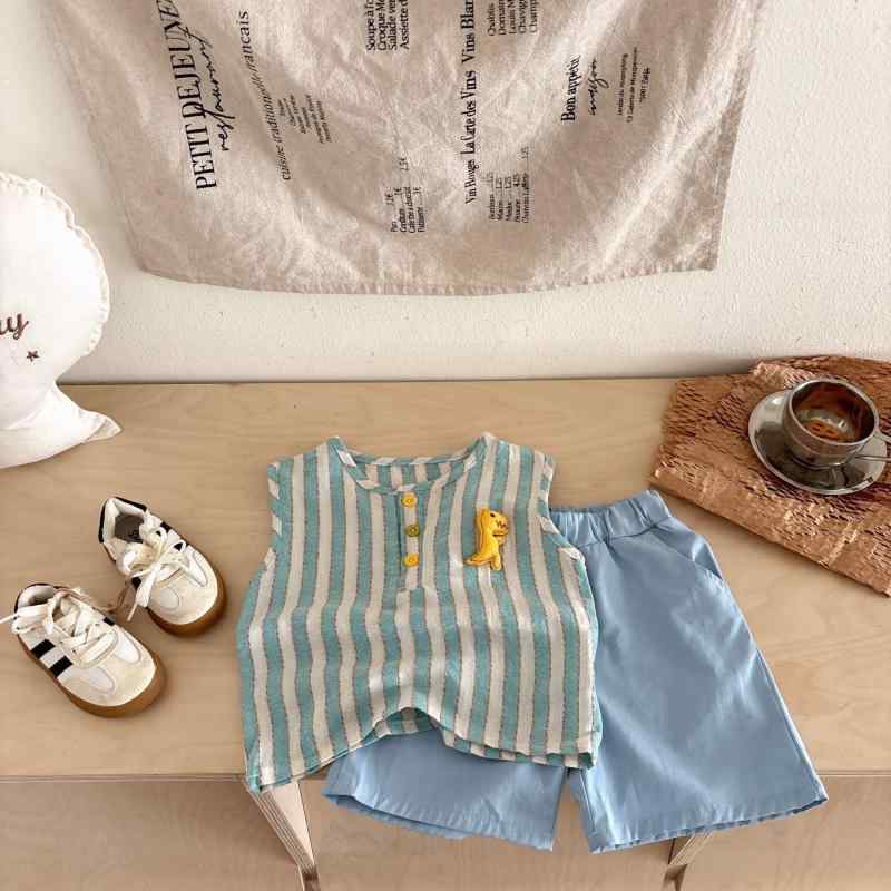 子供服 夏物 ノースリーブ セットアップ 幼児 ベビー 男の子 女の子 ストライプ 上下セット 薄手 通園 普段着(4.0)