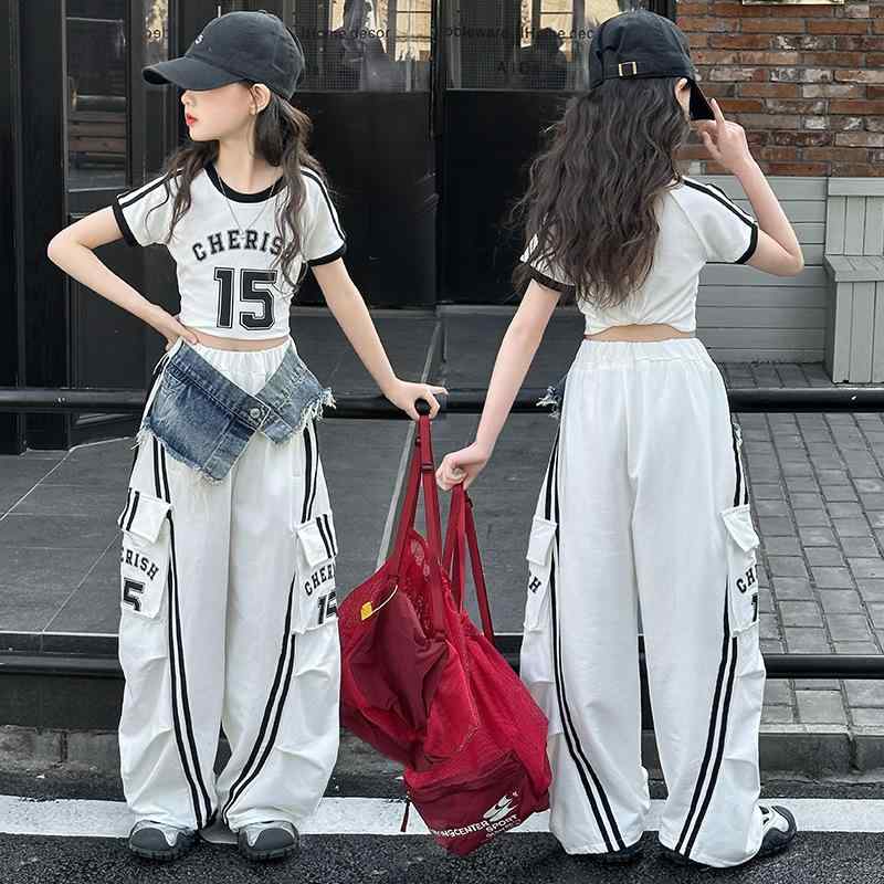 子供服 女の子 夏 セットアップ 半袖 ジャズダンス ストリートダンス 作業着風 ヒップホップ ファッションショー 2点セット かわいい 薄手 コットン 短袖 長ズボン 白 黒 120cm 130cm 140cm 150cm 160cm 170cm