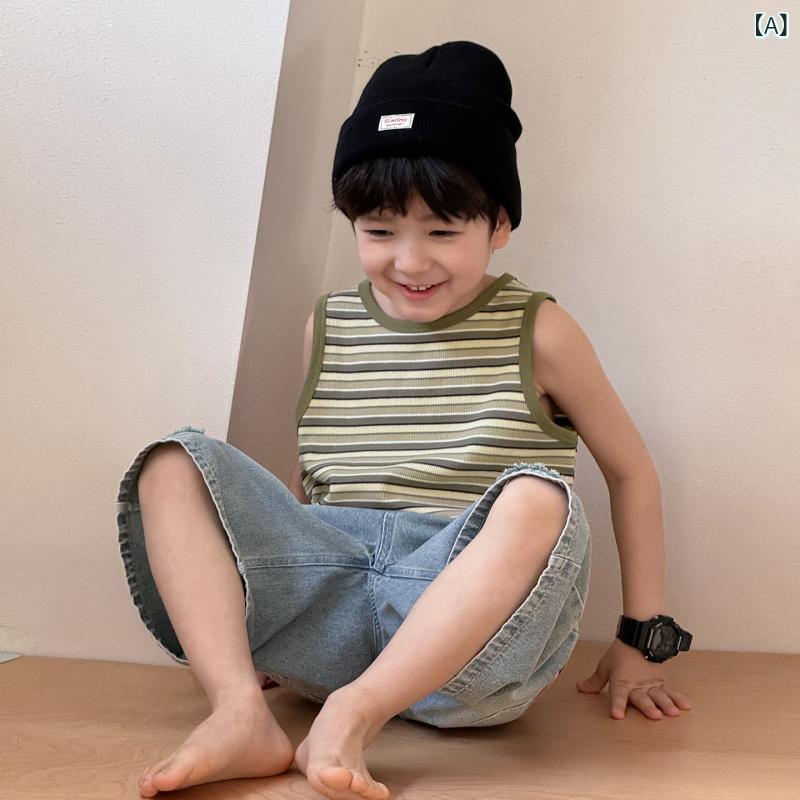 子供服 男の子 ベスト サマーニット トップス ボーダー柄 コットン 柔らかい 通園 普段着 ブルー系 グリーン系 ブラウン系