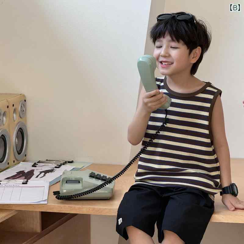 子供服 男の子 ベスト サマーニット トップス ボーダー柄 コットン 柔らかい 通園 普段着 ブルー系 グリーン系 ブラウン系