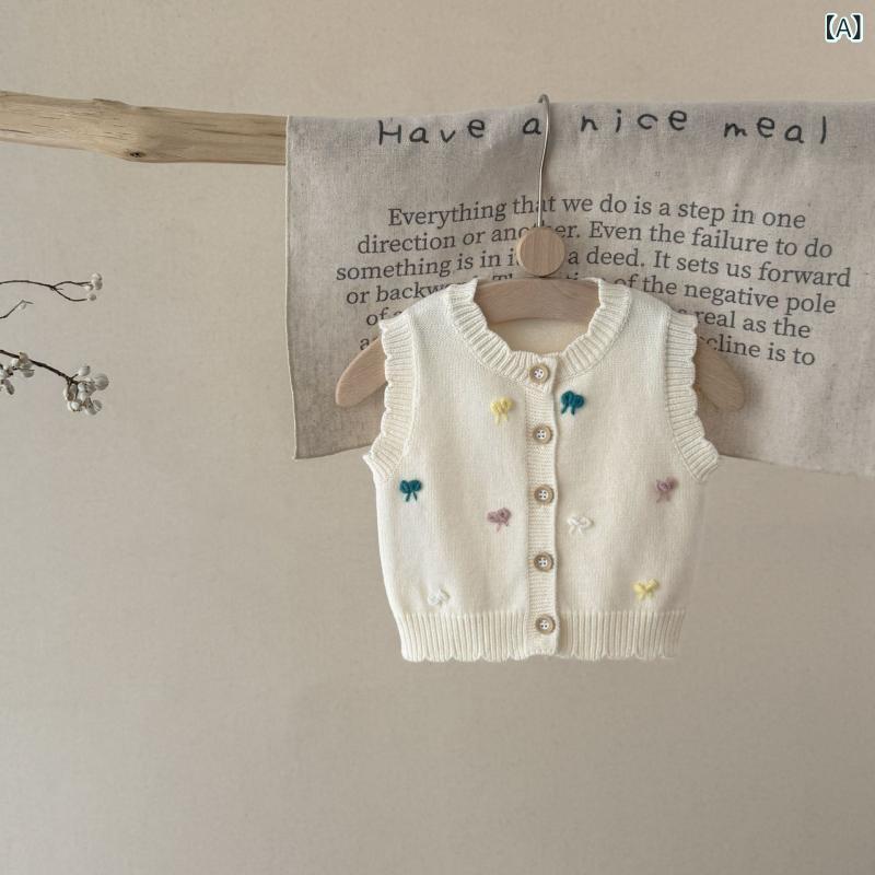 ベビー服 子供服 ニットベスト 女の子 春秋 幼児 0歳 1歳 2歳 3歳 ベスト コットン 手編み 刺繡 蝶結び チョッキ かわいい おしゃれ ガーリー 赤ちゃん 杏色 ピンク系 2