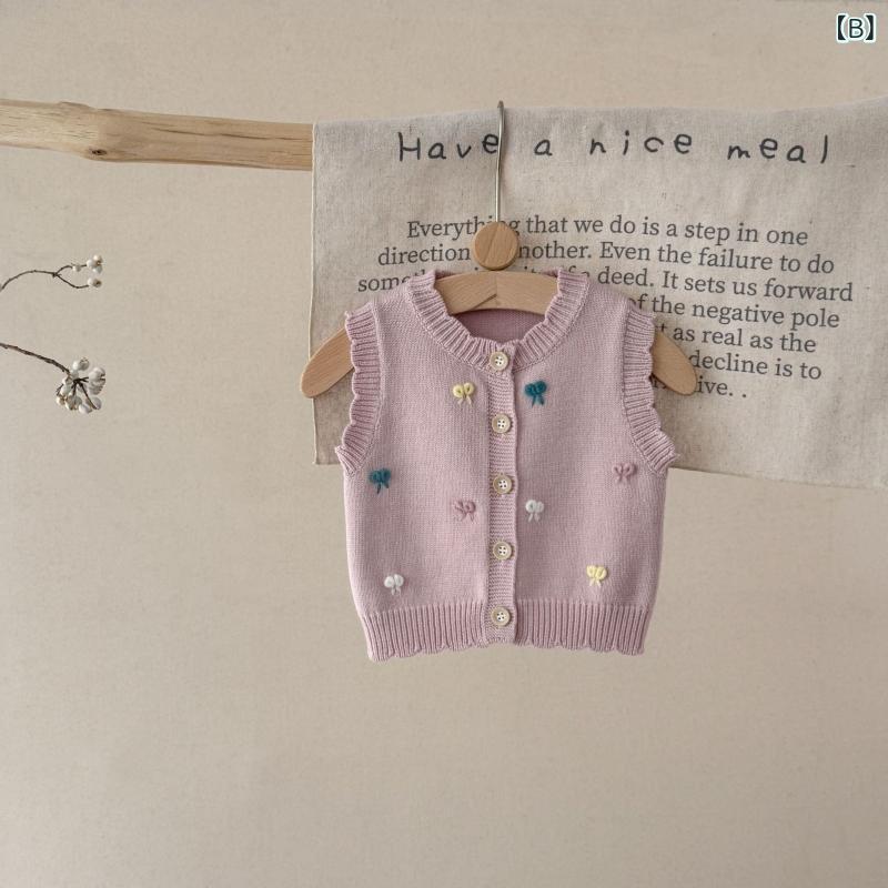 ベビー服 子供服 ニットベスト 女の子 春秋 幼児 0歳 1歳 2歳 3歳 ベスト コットン 手編み 刺繡 蝶結び チョッキ かわいい おしゃれ ガーリー 赤ちゃん 杏色 ピンク系 3