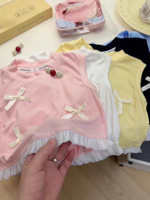 タンクトップ キッズ 女の子 レース ノースリーブ モーダル 接触冷感 蝶結び 裏地付き カットソー トッ..